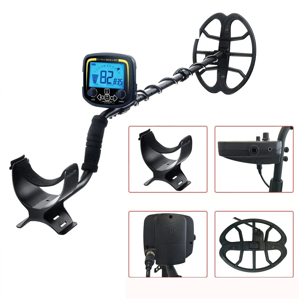 Treasure Hunter GX850 – détails : repose-bras, prise casque, compartiment pile et disque étanche